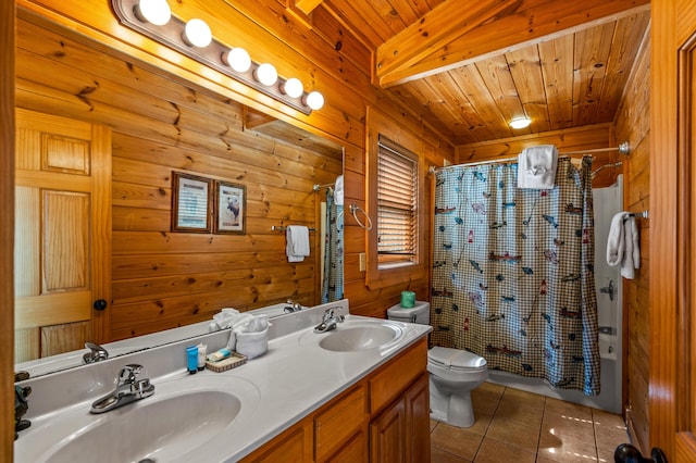 full bathroom featuring tile patterned flooring, vanity, shower / bath combination with curtain, wooden ceiling, and toilet