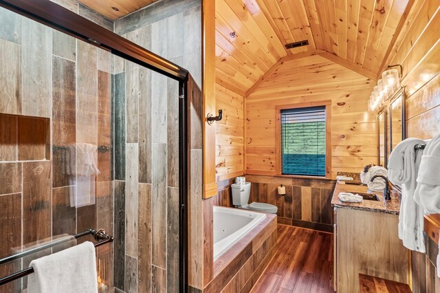 full bathroom with wood ceiling, wooden walls, wood-type flooring, and toilet