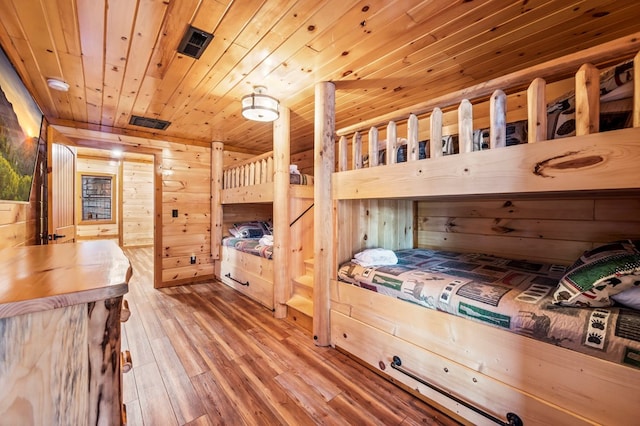 unfurnished bedroom featuring wood ceiling, wood-type flooring, and wood walls