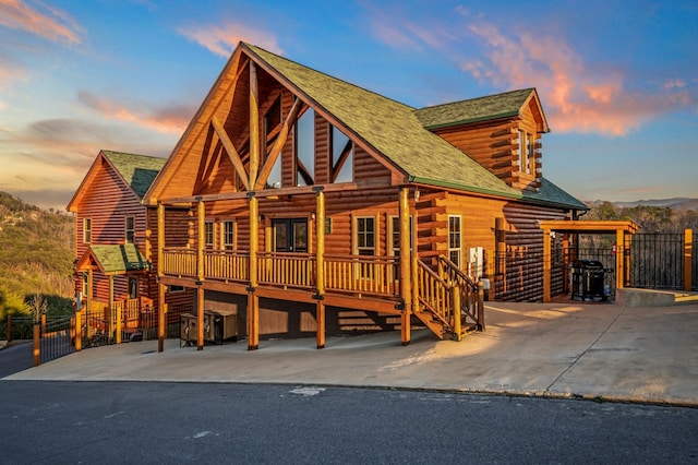 view of log cabin