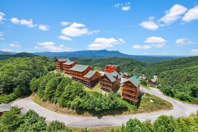 drone / aerial view featuring a mountain view