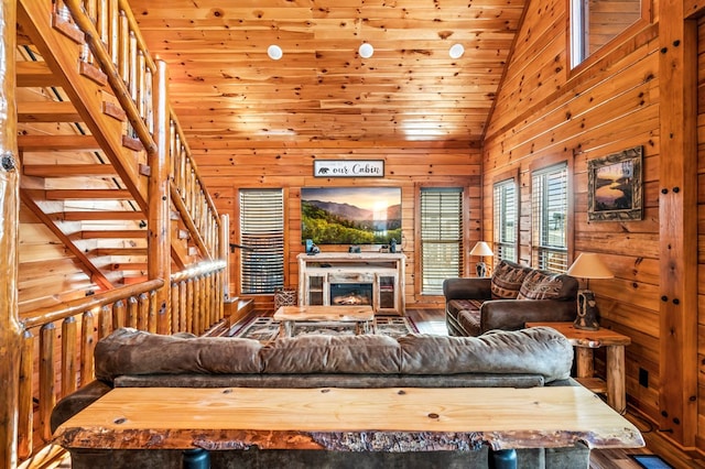 living room featuring hardwood / wood-style flooring, high vaulted ceiling, wood ceiling, and wooden walls