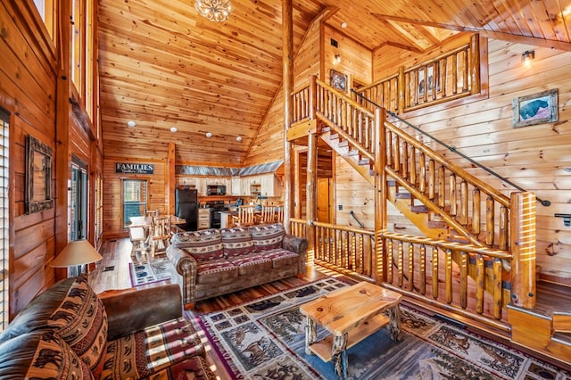 living room featuring hardwood / wood-style floors, wooden ceiling, and high vaulted ceiling