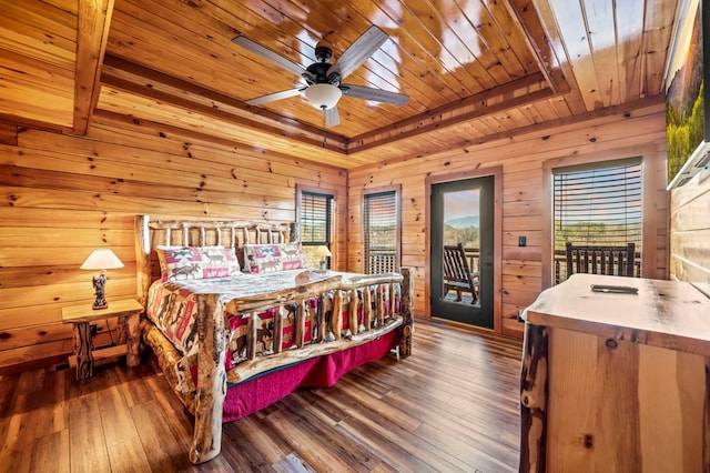 bedroom featuring dark hardwood / wood-style floors, access to outside, and wooden walls