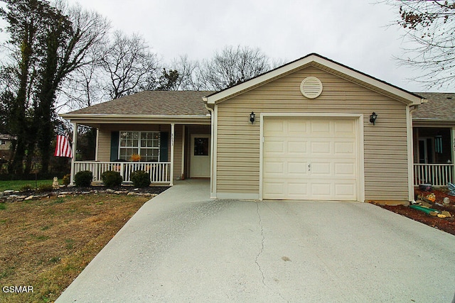 single story home with a garage and a porch