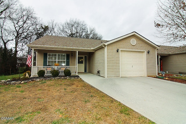 ranch-style house with a garage, a front lawn, and a porch