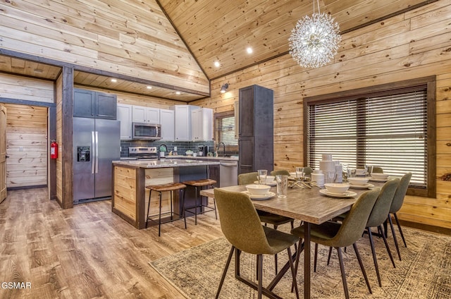dining room with wooden ceiling, lofted ceiling, wood walls, light wood-style flooring, and a chandelier