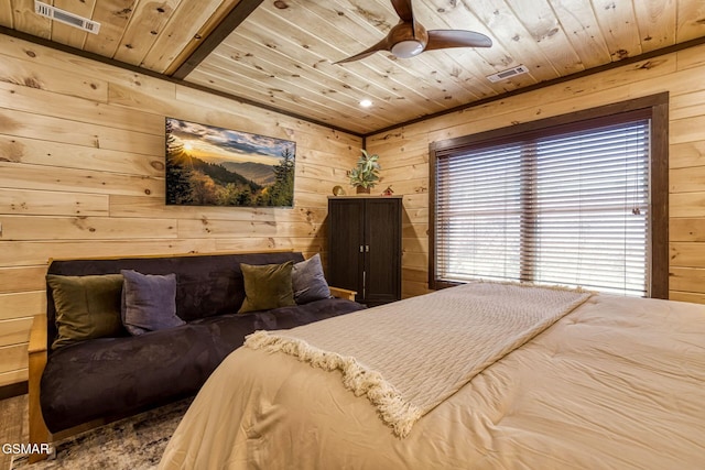 bedroom with wooden ceiling, wooden walls, and a ceiling fan