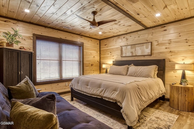 bedroom featuring wood ceiling, wood walls, wood finished floors, and ceiling fan
