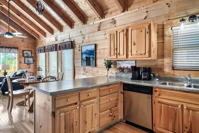 kitchen with sink, dishwasher, wooden walls, wooden ceiling, and kitchen peninsula