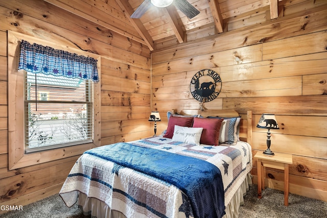 carpeted bedroom with wooden walls, lofted ceiling with beams, and wooden ceiling