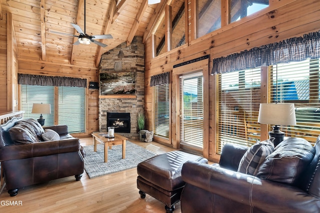 living room featuring wooden walls, lofted ceiling with beams, light hardwood / wood-style flooring, and wooden ceiling