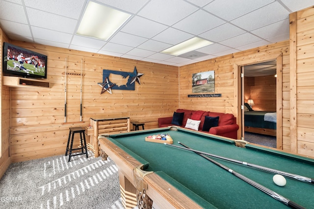 playroom with carpet floors and wood walls