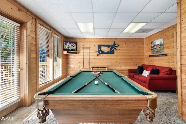 playroom with billiards, wooden walls, a paneled ceiling, and carpet