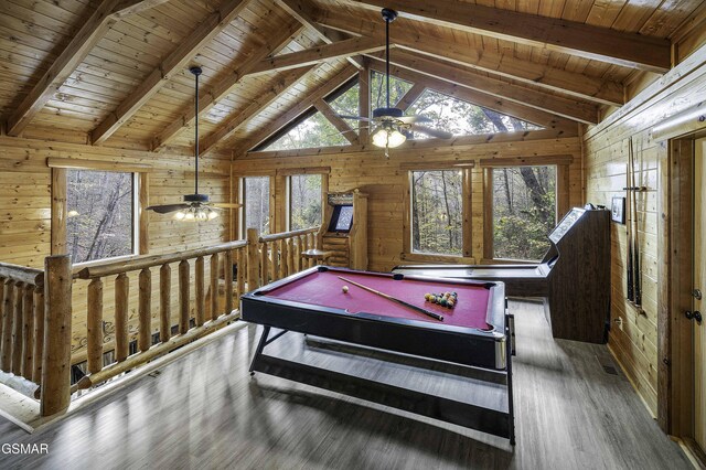 playroom featuring hardwood / wood-style floors, vaulted ceiling with beams, wooden ceiling, and billiards