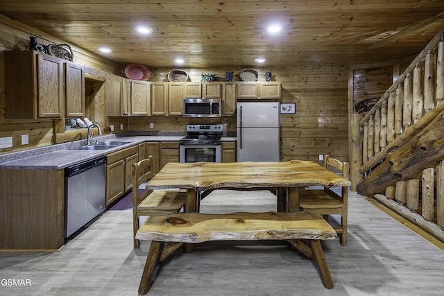 kitchen featuring wood walls, sink, wood ceiling, and appliances with stainless steel finishes