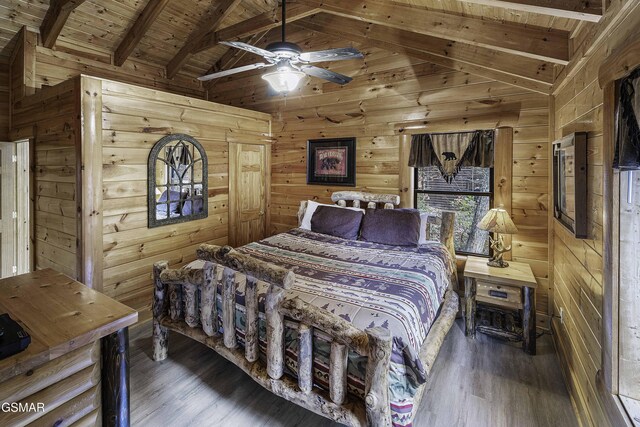 bedroom featuring ceiling fan, wooden ceiling, lofted ceiling with beams, dark hardwood / wood-style floors, and wood walls