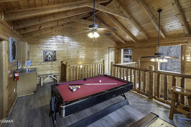 recreation room featuring wood walls, wooden ceiling, lofted ceiling with beams, billiards, and dark hardwood / wood-style flooring