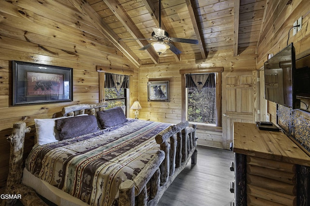 bedroom featuring beam ceiling, ceiling fan, wood walls, and wood ceiling