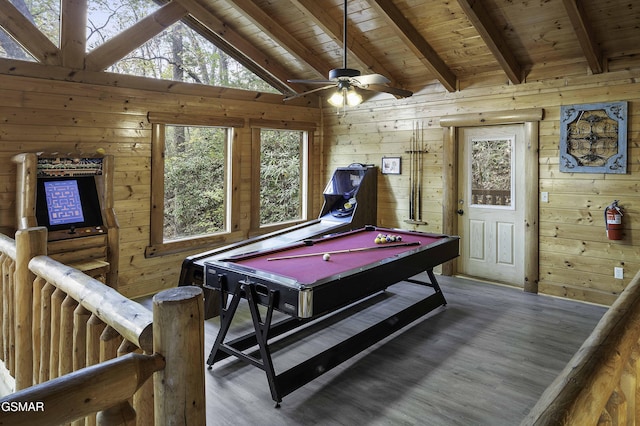 playroom featuring wooden ceiling, vaulted ceiling with beams, wood-type flooring, wooden walls, and pool table