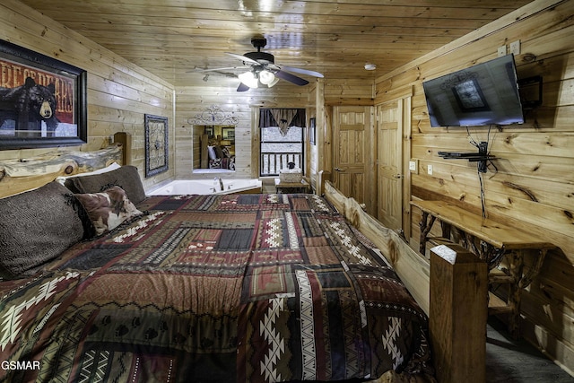 bedroom with wooden ceiling and wood walls