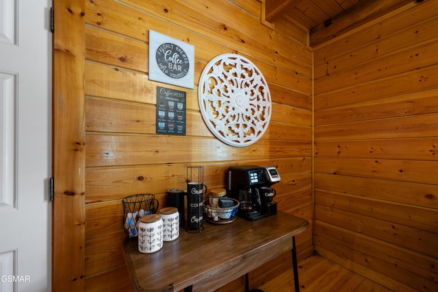 office space featuring wooden walls