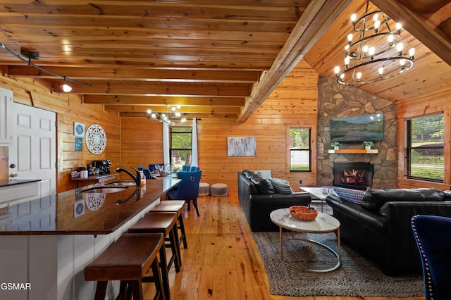 living room with light wood-type flooring, wood ceiling, sink, a stone fireplace, and wood walls