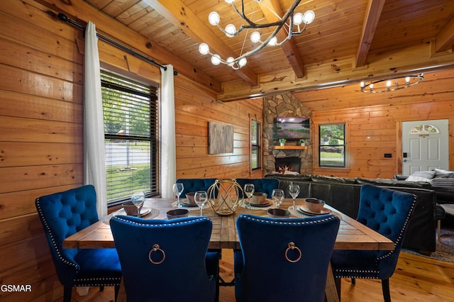 dining area with wood walls, a notable chandelier, beam ceiling, and wood ceiling