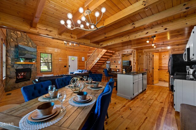 dining space with sink, wooden ceiling, a stone fireplace, beamed ceiling, and a notable chandelier