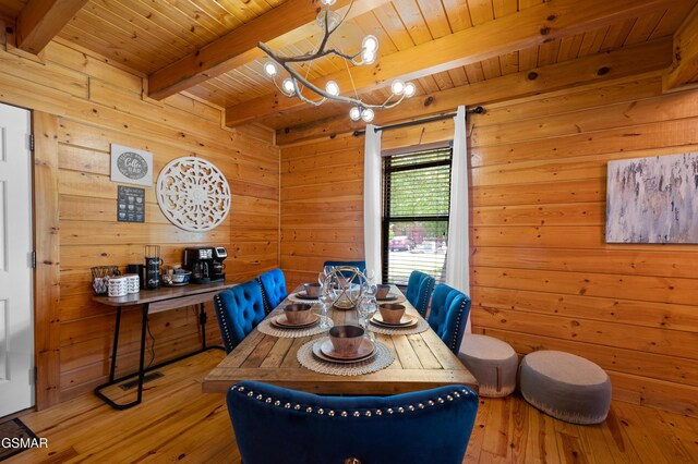 dining room featuring beam ceiling, an inviting chandelier, wood-type flooring, wooden walls, and wood ceiling