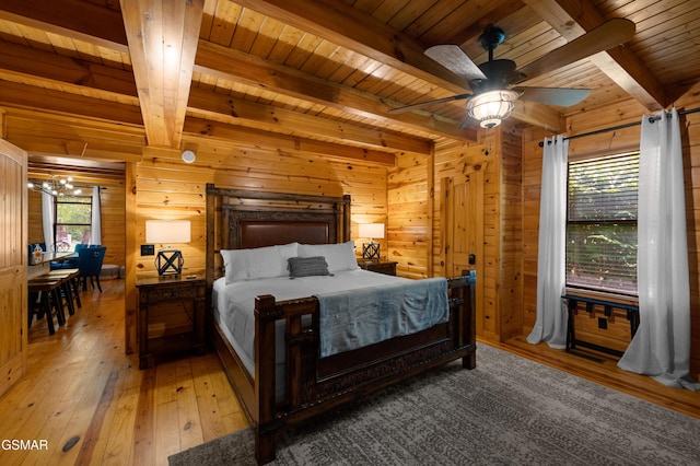 bedroom with beam ceiling, wooden walls, and multiple windows