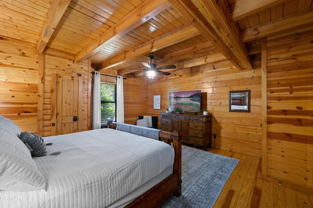 bedroom featuring wood walls, wooden ceiling, ceiling fan, beamed ceiling, and wood-type flooring