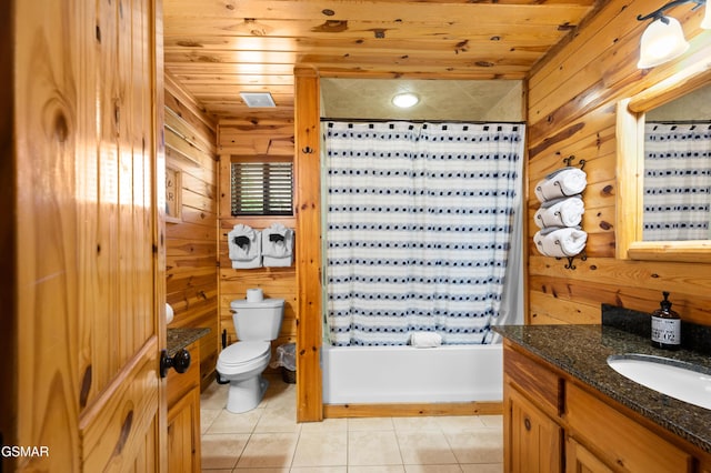 bathroom with wood walls, vanity, wood ceiling, and toilet