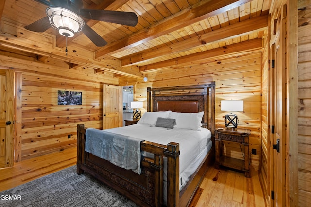 bedroom featuring wood ceiling, ceiling fan, wooden walls, beam ceiling, and hardwood / wood-style floors