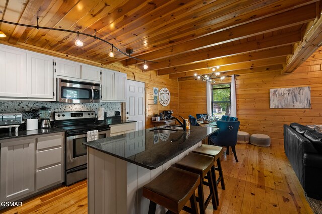 kitchen with rail lighting, beamed ceiling, white cabinets, wood ceiling, and appliances with stainless steel finishes