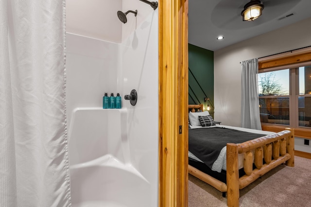 bedroom with carpet, visible vents, and recessed lighting