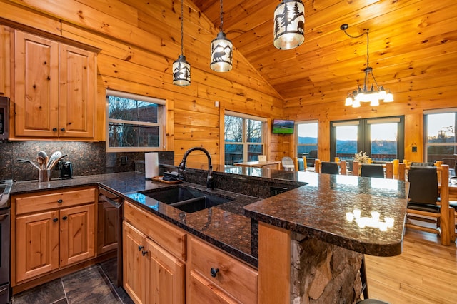 kitchen featuring wood ceiling, a sink, wood walls, and backsplash