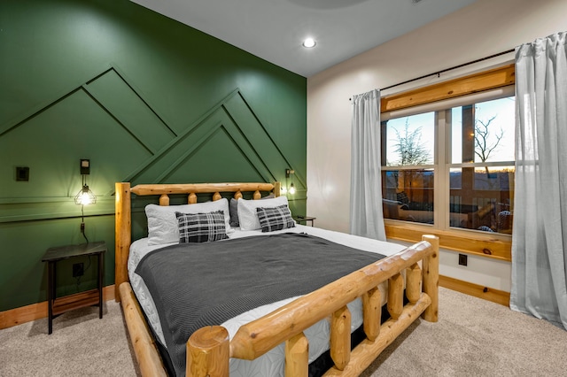 bedroom featuring carpet floors, recessed lighting, and baseboards