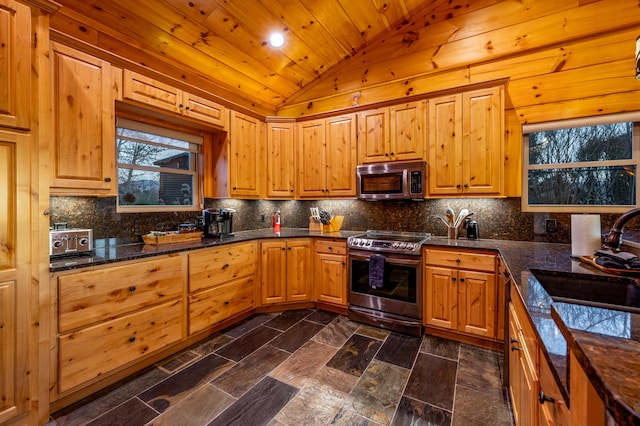 kitchen with vaulted ceiling, appliances with stainless steel finishes, a sink, and tasteful backsplash