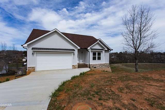 ranch-style home with crawl space, an attached garage, and concrete driveway