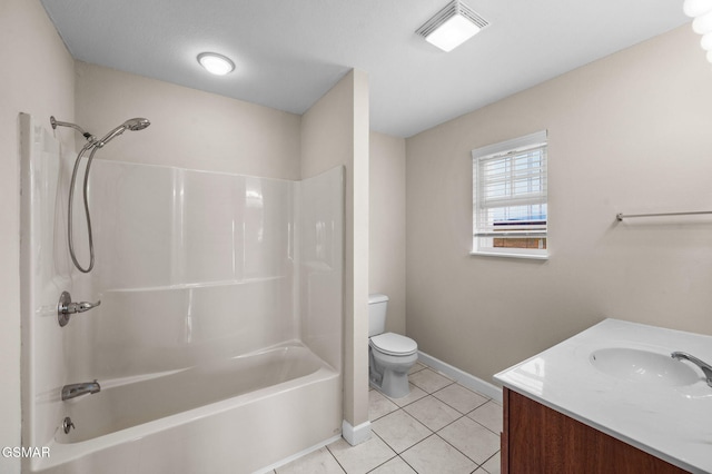 bathroom featuring visible vents, toilet, tile patterned floors, vanity, and  shower combination