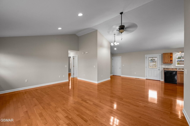 unfurnished living room with light wood-type flooring, high vaulted ceiling, recessed lighting, baseboards, and ceiling fan