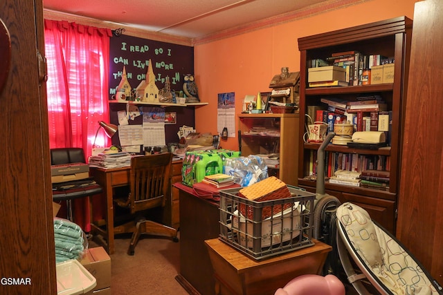 office area with carpet floors and crown molding