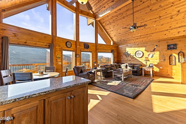 living room featuring ceiling fan, light hardwood / wood-style flooring, and wood walls