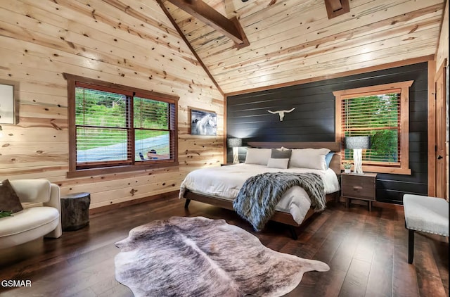 bedroom with dark wood finished floors, lofted ceiling, multiple windows, and wooden ceiling