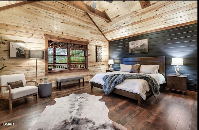 bedroom with beam ceiling, high vaulted ceiling, wood finished floors, wooden ceiling, and wood walls