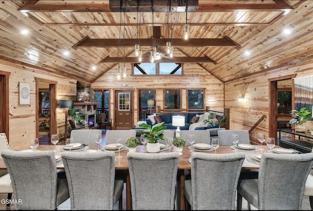 dining room featuring beam ceiling, wooden walls, wooden ceiling, and high vaulted ceiling