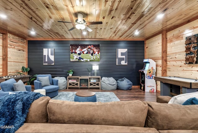 living room with recessed lighting, wood ceiling, ceiling fan, and wood finished floors