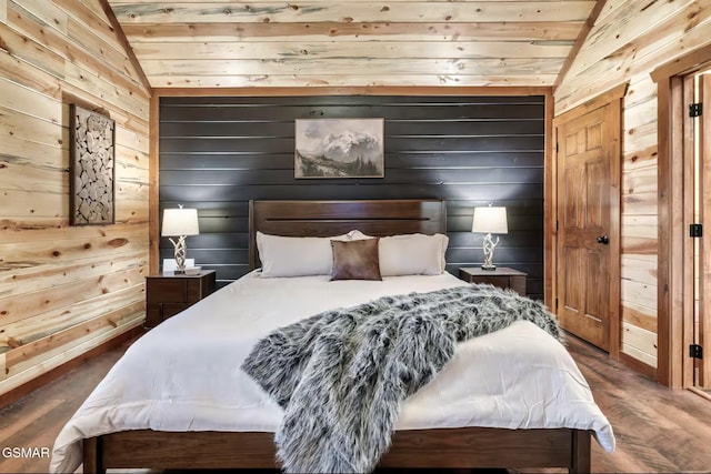 bedroom featuring wooden walls, wooden ceiling, wood finished floors, and vaulted ceiling