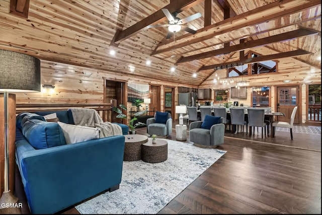 living room with beam ceiling, high vaulted ceiling, wood ceiling, and dark wood-style floors